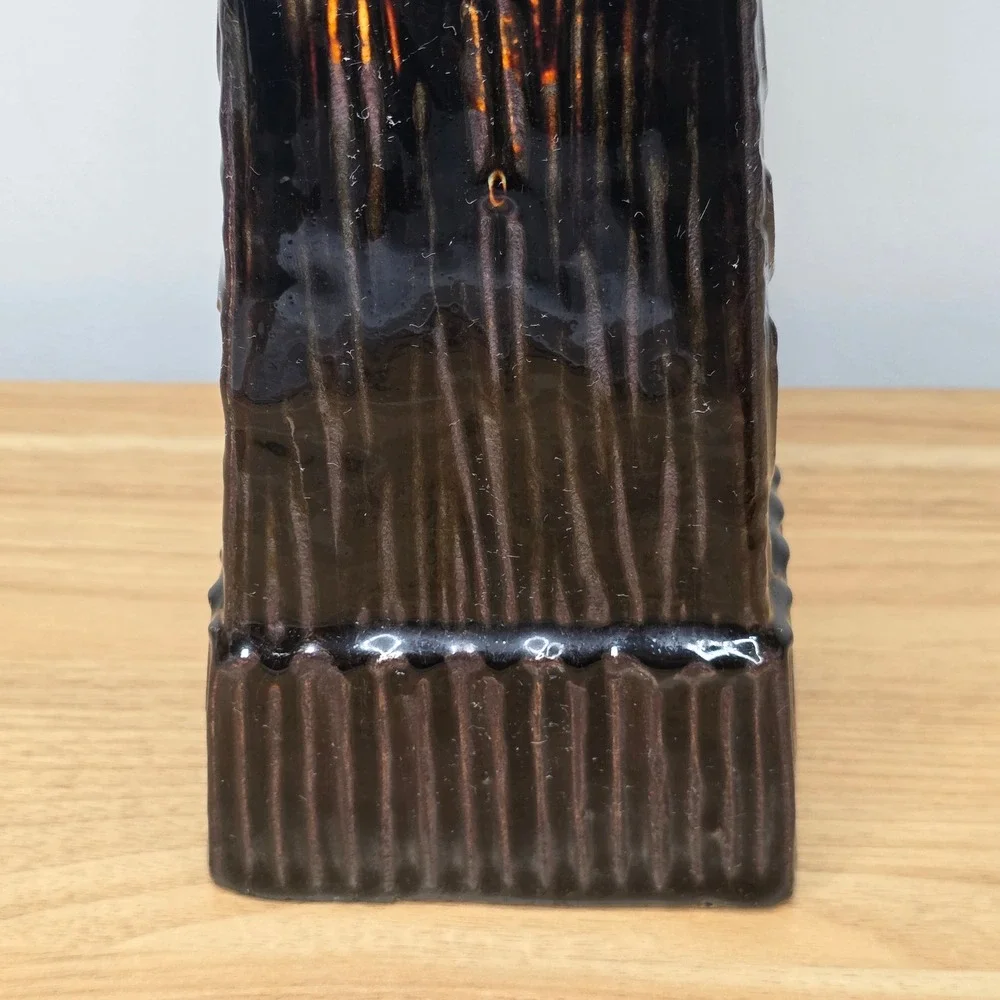 Ceramic Pillar Candle‎ Holder 11in Metallic Dark Brown Embossed Floral Tapered